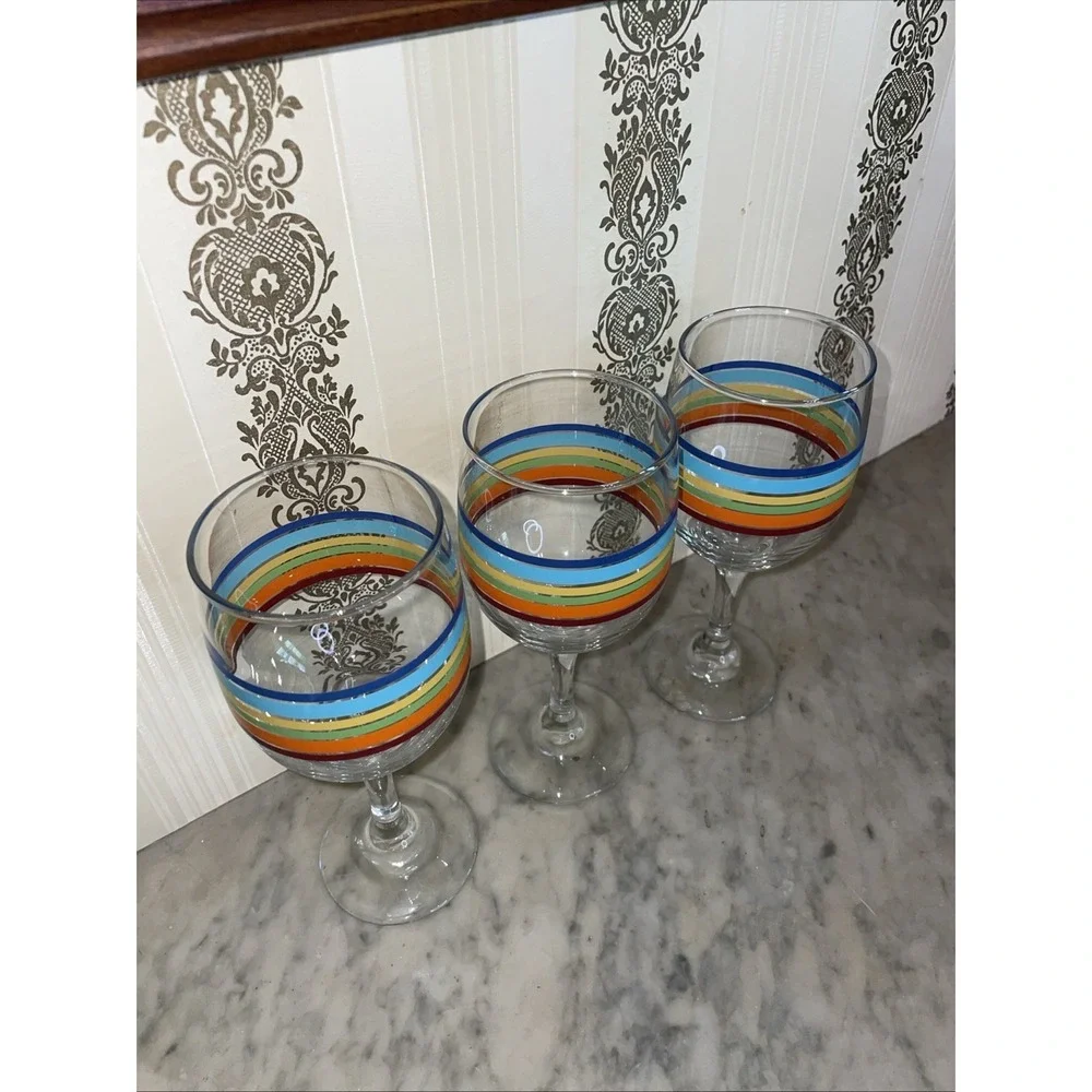 3 Vintage Libbey Fiesta Mambo Colored Stripe Wine Water Tea Glasses 8 oz 7